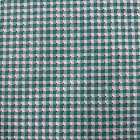 Smitten Chicken Check-A-Roo quilting cotton fabric by Poppie Cotton featuring a small gingham check with tiny white floral accents, available in Aqua and Pink.