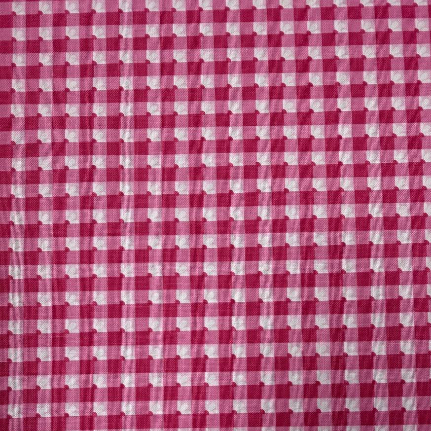 Smitten Chicken Check-A-Roo quilting cotton fabric by Poppie Cotton featuring a small gingham check with tiny white floral accents, available in Aqua and Pink.