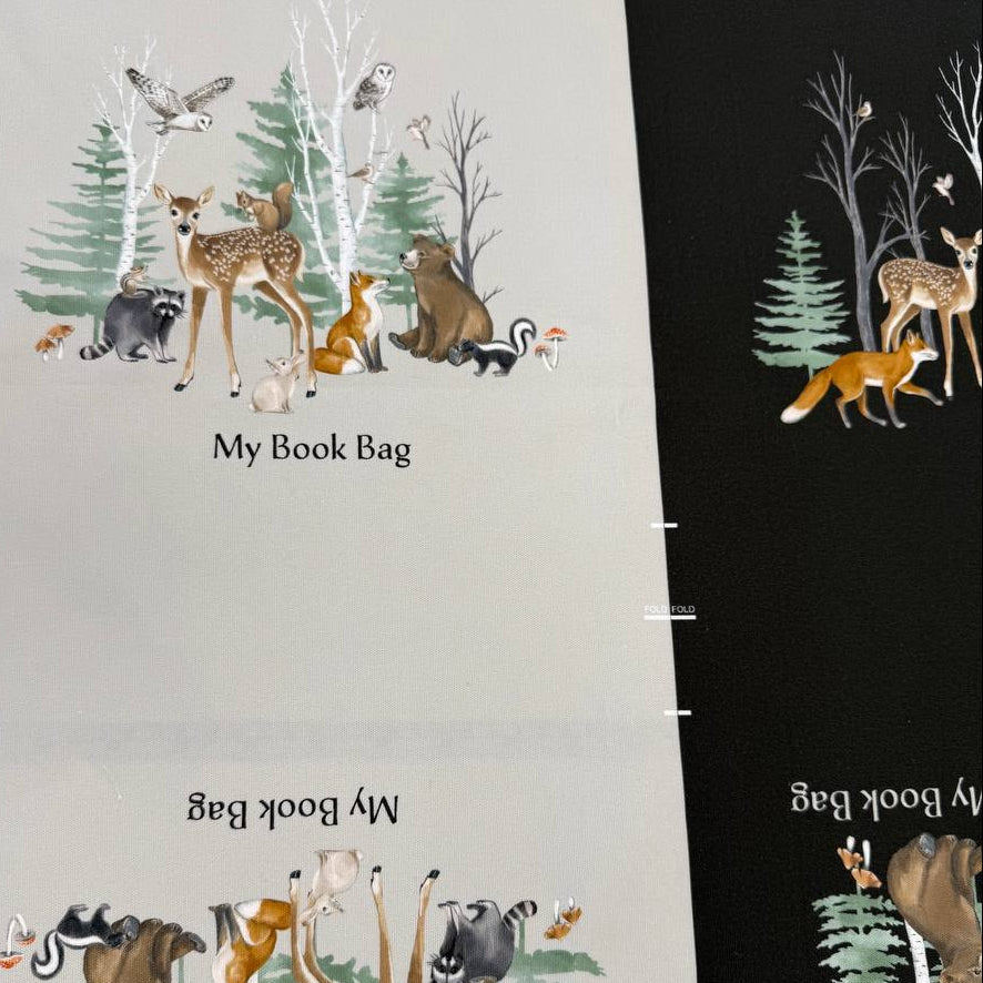 Tanglewood Black Multi bag project panel by Northcott, 100% cotton canvas, 120 × 60 cm, woodland design for sewing bags and totes.