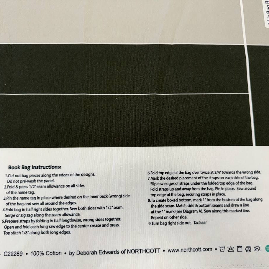 Tanglewood Black Multi bag project panel by Northcott, 100% cotton canvas, 120 × 60 cm, woodland design for sewing bags and totes.