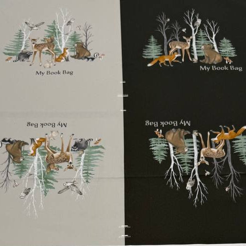 Tanglewood Black Multi bag project panel by Northcott, 100% cotton canvas, 120 × 60 cm, woodland design for sewing bags and totes.