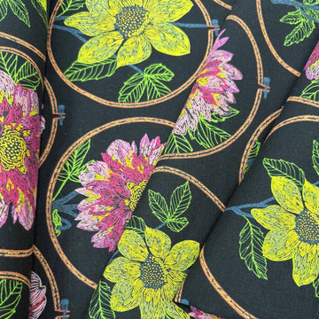 Anna Maria Textiles Silhouette Black floral fabric featuring colourful pink, yellow and coral flowers in embroidery hoop designs on a black background, 55% linen and 45% cotton.