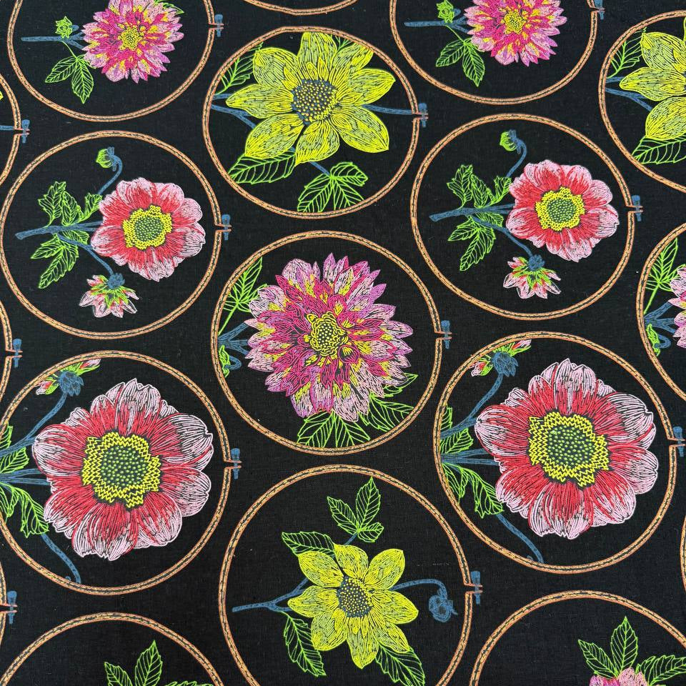Anna Maria Textiles Silhouette Black floral fabric featuring colourful pink, yellow and coral flowers in embroidery hoop designs on a black background, 55% linen and 45% cotton.