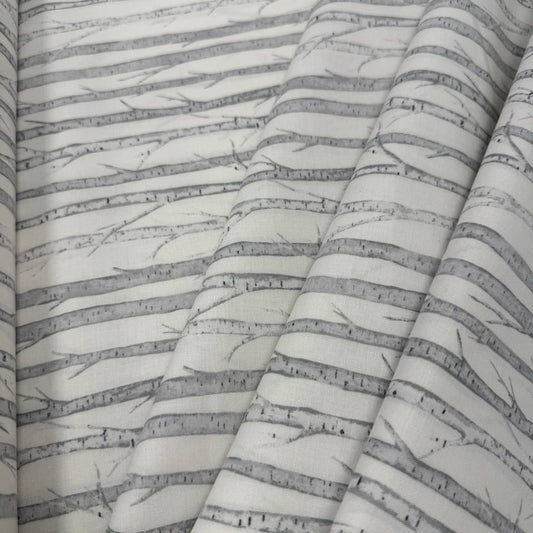 Tanglewood White Multi 100% cotton fabric featuring layered grey tree branches on a white background, product code 29286-10
