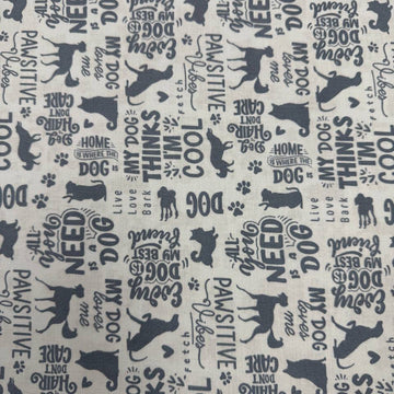 Always By My Side Blue 100% cotton fabric featuring dog silhouettes, paw prints and playful dog-themed phrases on a light background, product code 91328-40.