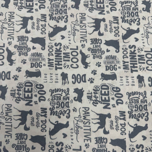 Always By My Side Blue 100% cotton fabric featuring dog silhouettes, paw prints and playful dog-themed phrases on a light background, product code 91328-40.
