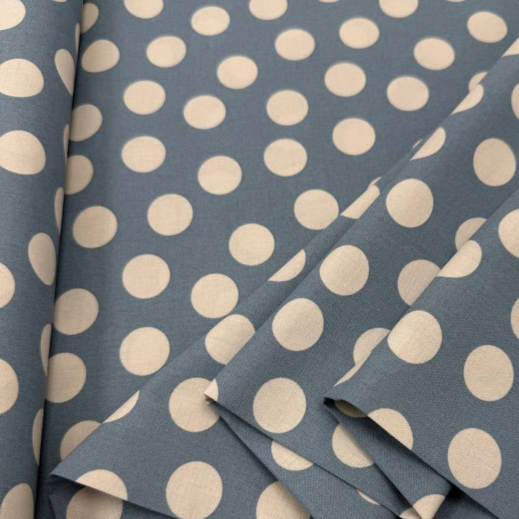 Always By My Side Blue 100% cotton fabric featuring large cream polka dots on a muted blue background, product code 91330-41.