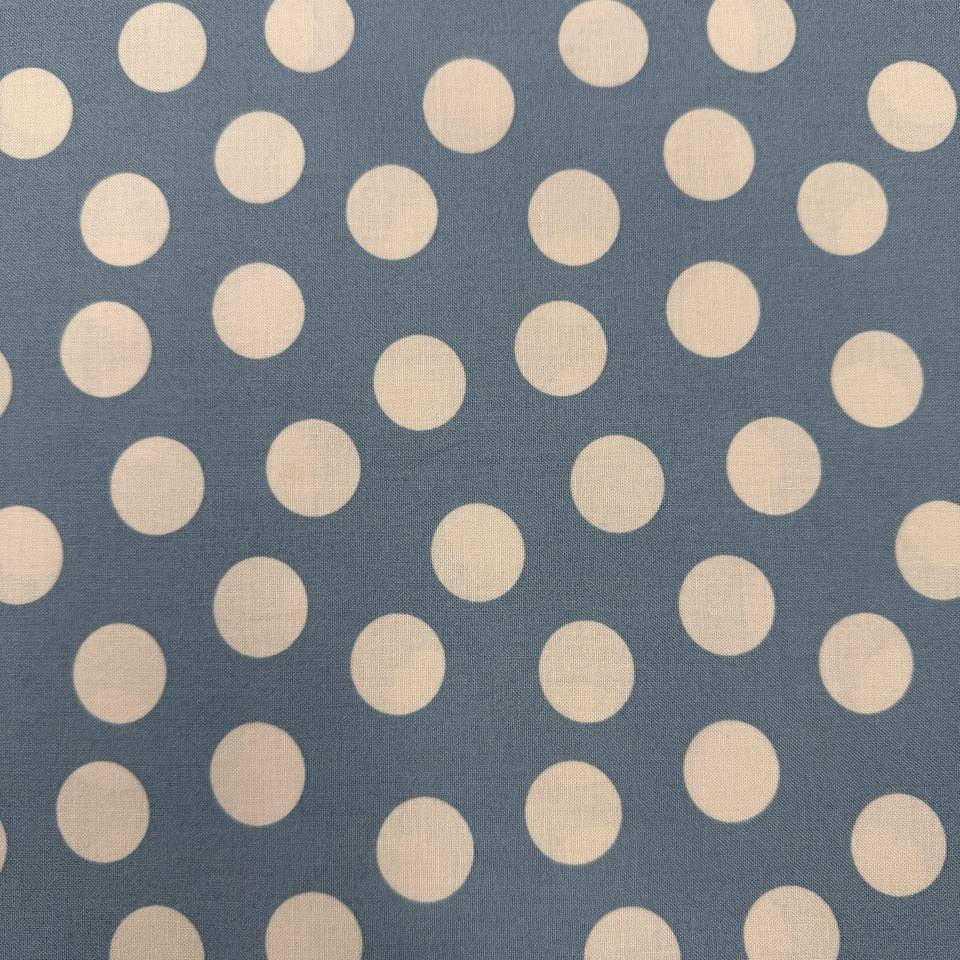 Always By My Side Blue 100% cotton fabric featuring large cream polka dots on a muted blue background, product code 91330-41.