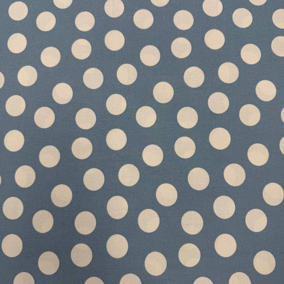 Always By My Side Blue 100% cotton fabric featuring large cream polka dots on a muted blue background, product code 91330-41.