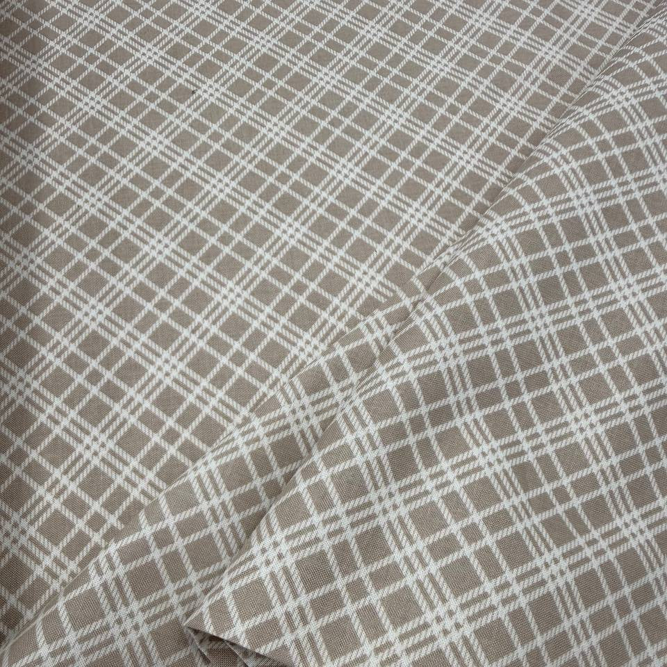 Always By My Side Taupe 100% cotton fabric featuring a white plaid geometric pattern on a soft taupe background, product code 91331-30