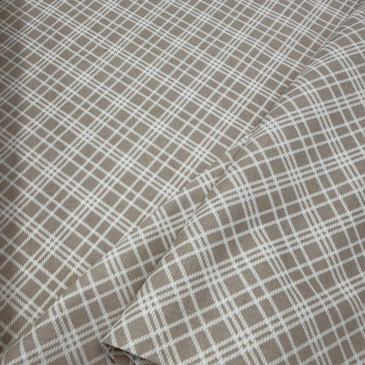 Always By My Side Taupe 100% cotton fabric featuring a white plaid geometric pattern on a soft taupe background, product code 91331-30
