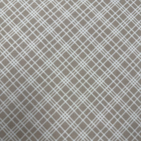 Always By My Side Taupe 100% cotton fabric featuring a white plaid geometric pattern on a soft taupe background, product code 91331-30