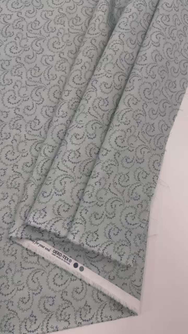 Breathtaking Blues vine swirl 100% cotton fabric by 3 Sisters for Moda, available in Sky and Dusk blue colorways.