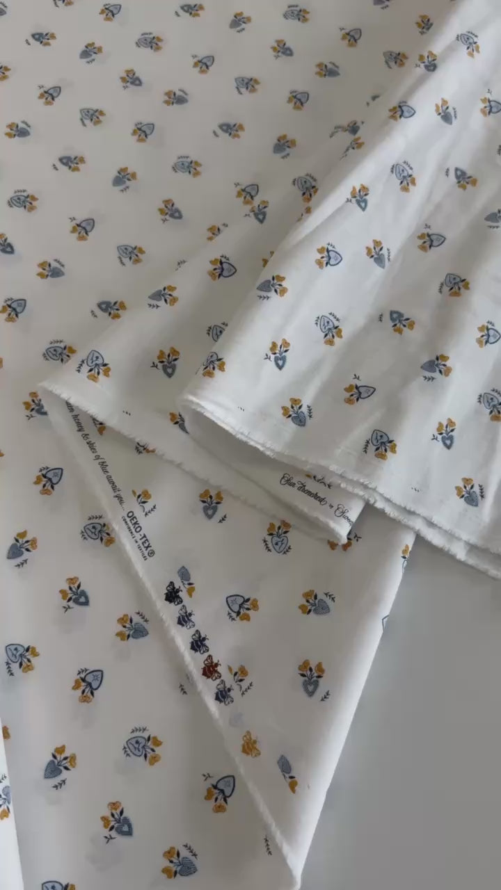 Delicate floral cotton fabric on soft ivory background with mustard and blue flowers – Moda Sun Drenched collection