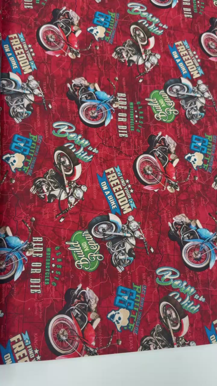 Northcott Historic Route 66 Motorcycle Toss red multi 100% cotton fabric featuring vintage motorcycles, Route 66 graphics and road map design.
