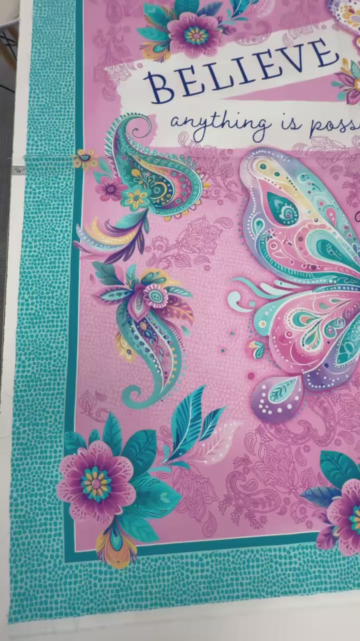 Faith & Grace Panel Multi cotton fabric panel by Nicole DeCamp for Benartex featuring colorful butterflies, floral accents, and the inspirational message "Believe – Anything is Possible."