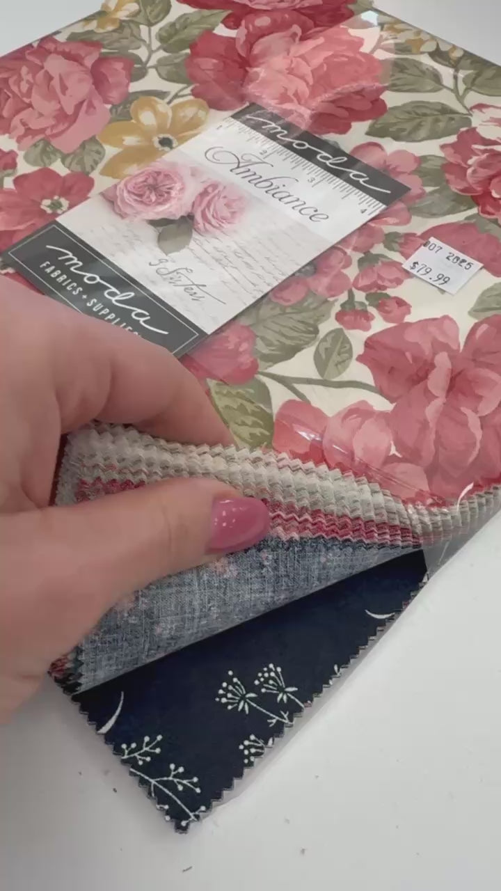 Ambiance Layer Cake quilting fabric bundle by Moda Fabrics with romantic floral prints in rose and cream colors