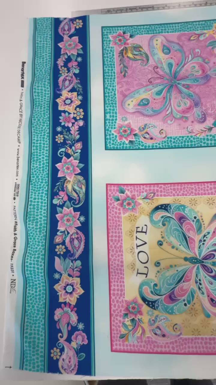 Faith & Grace Boxes Multi cotton fabric panel by Kanvas Studio for Benartex featuring six colorful butterfly blocks with floral and paisley designs on a light aqua background.