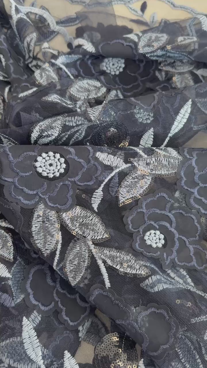 Navy embroidered lace fabric with floral pattern and sequins