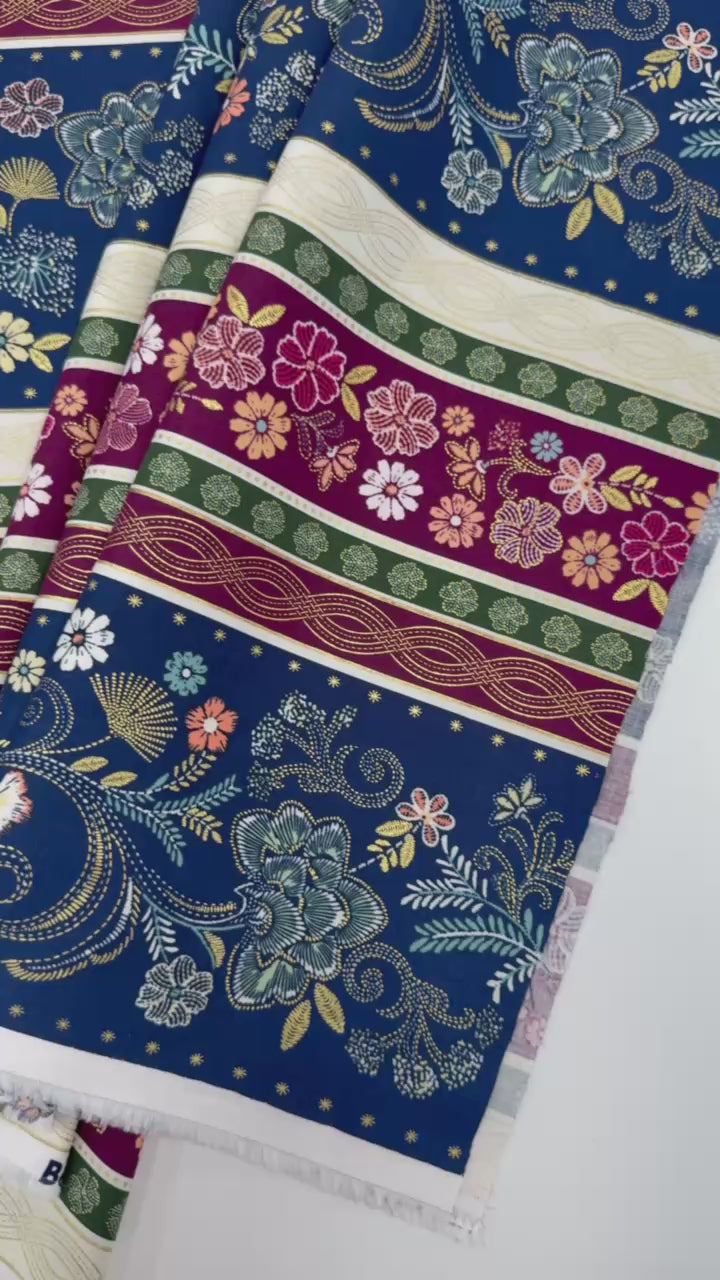 Majestic Garden Metallic Border Stripe quilting cotton by Kanvas Studio featuring decorative floral border stripes with metallic gold accents on a navy background.
