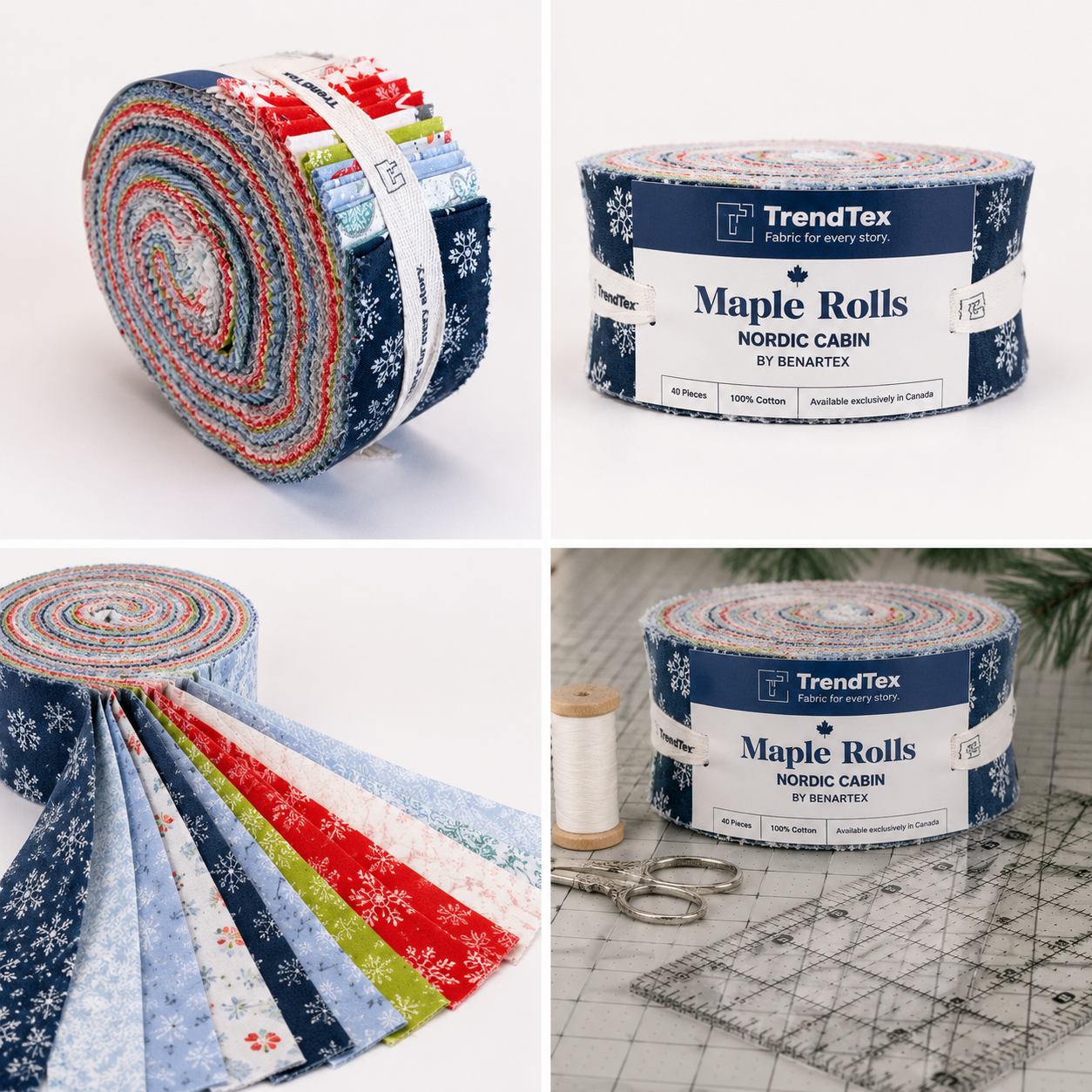 Nordic Cabin Maple Roll by Benartex featuring 40 coordinated cotton fabric strips in winter-themed prints and colours.