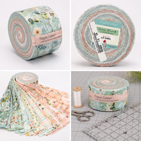 Serenity Blooms 2.5 inch precut fabric strips by Ginger Deverell for Poppie Cotton in soft pastel floral prints and coordinating designs.