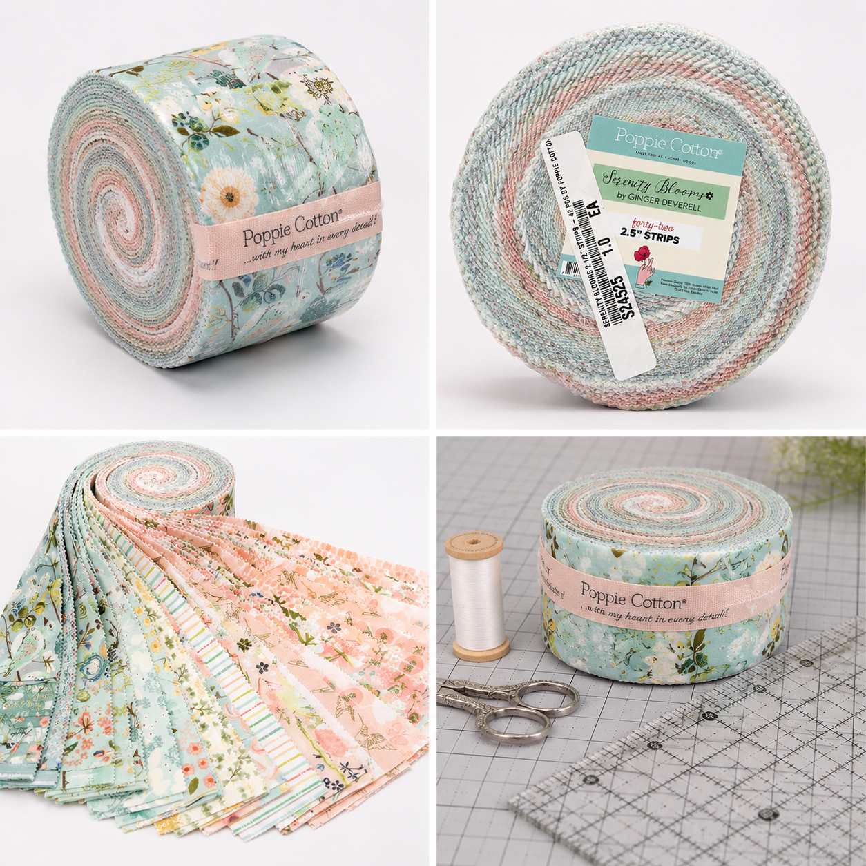 Serenity Blooms 2.5 inch precut fabric strips by Ginger Deverell for Poppie Cotton in soft pastel floral prints and coordinating designs.