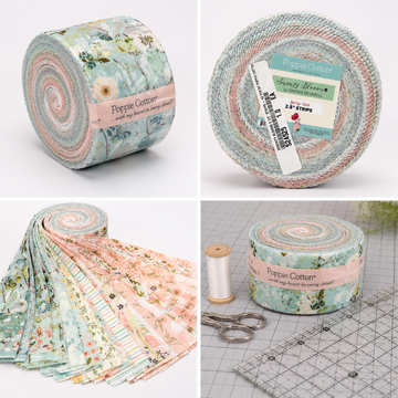 Serenity Blooms 2.5 inch precut fabric strips by Ginger Deverell for Poppie Cotton in soft pastel floral prints and coordinating designs.