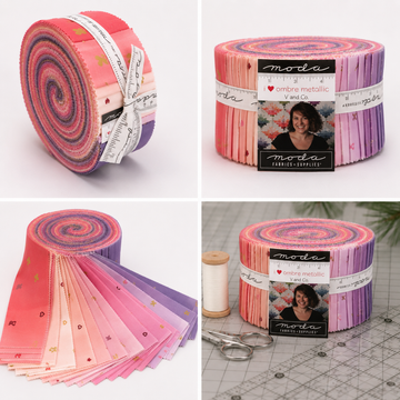 I Heart Ombre Metallic Jelly Roll by Moda Fabrics featuring 40 precut 2.5 inch cotton strips in pink, coral, and lavender ombré shades with metallic heart accents.
