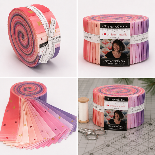 I Heart Ombre Metallic Jelly Roll by Moda Fabrics featuring 40 precut 2.5 inch cotton strips in pink, coral, and lavender ombré shades with metallic heart accents.